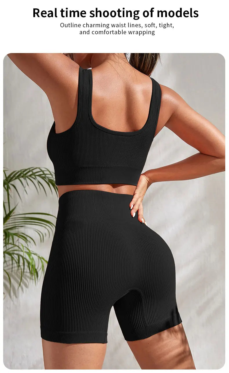 Seamless Ribbed Yoga Sets Workout Sets for Women: Crop Tank High Waist Shorts
