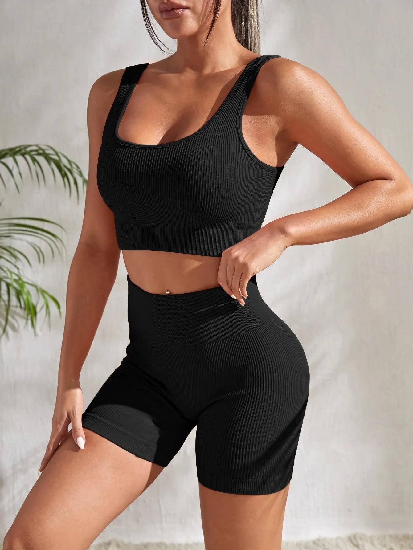 Seamless Ribbed Yoga Sets Workout Sets for Women: Crop Tank High Waist Shorts