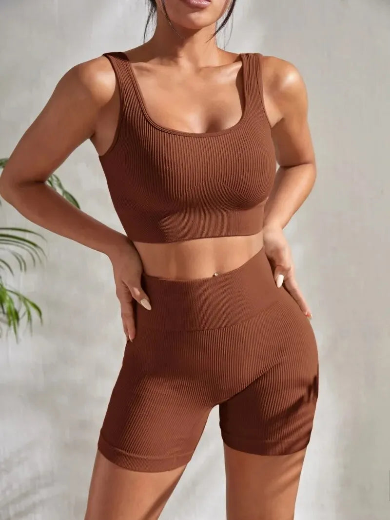 Seamless Ribbed Yoga Sets Workout Sets for Women: Crop Tank High Waist Shorts