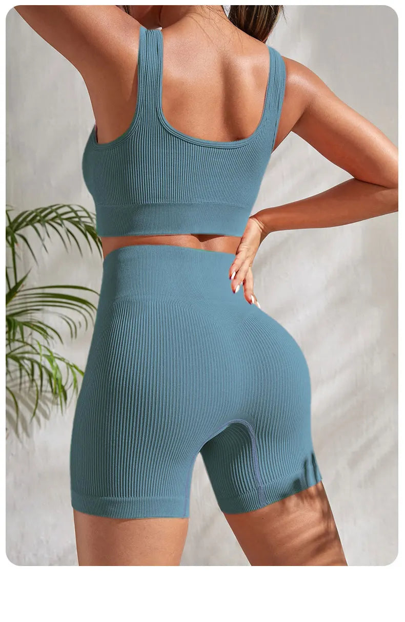Seamless Ribbed Yoga Sets Workout Sets for Women: Crop Tank High Waist Shorts
