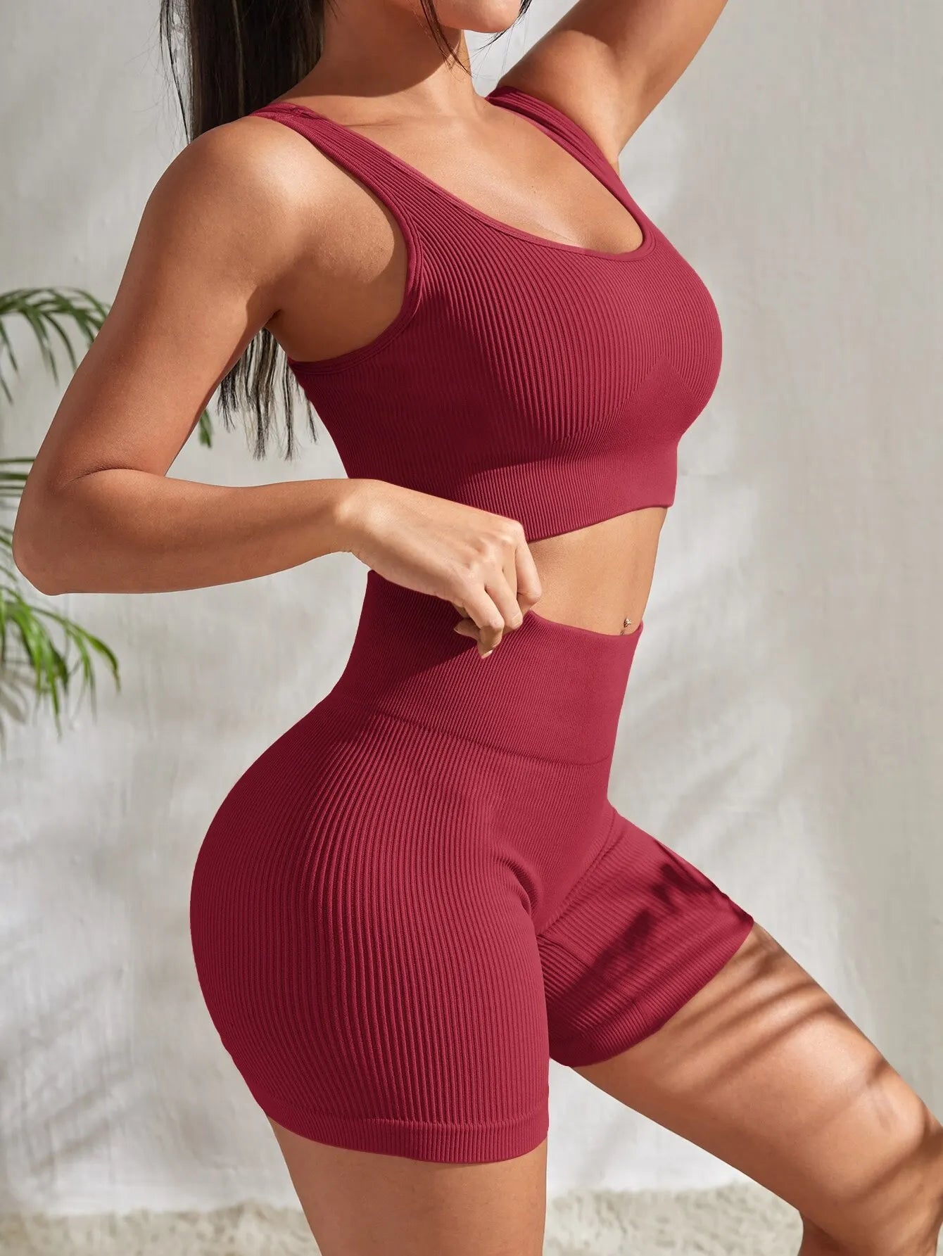 Seamless Ribbed Yoga Sets Workout Sets for Women: Crop Tank High Waist Shorts