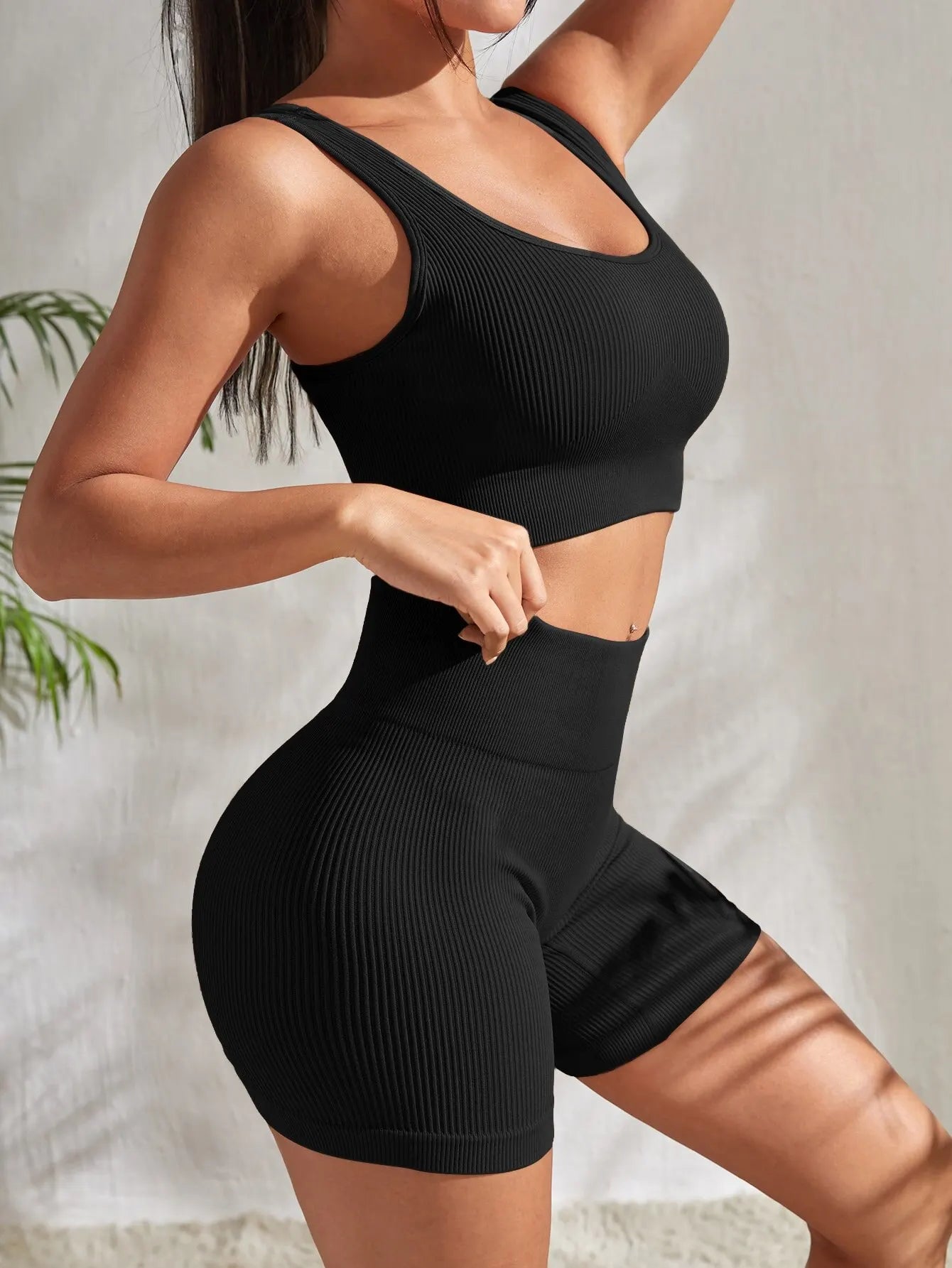 Seamless Ribbed Yoga Sets Workout Sets for Women: Crop Tank High Waist Shorts