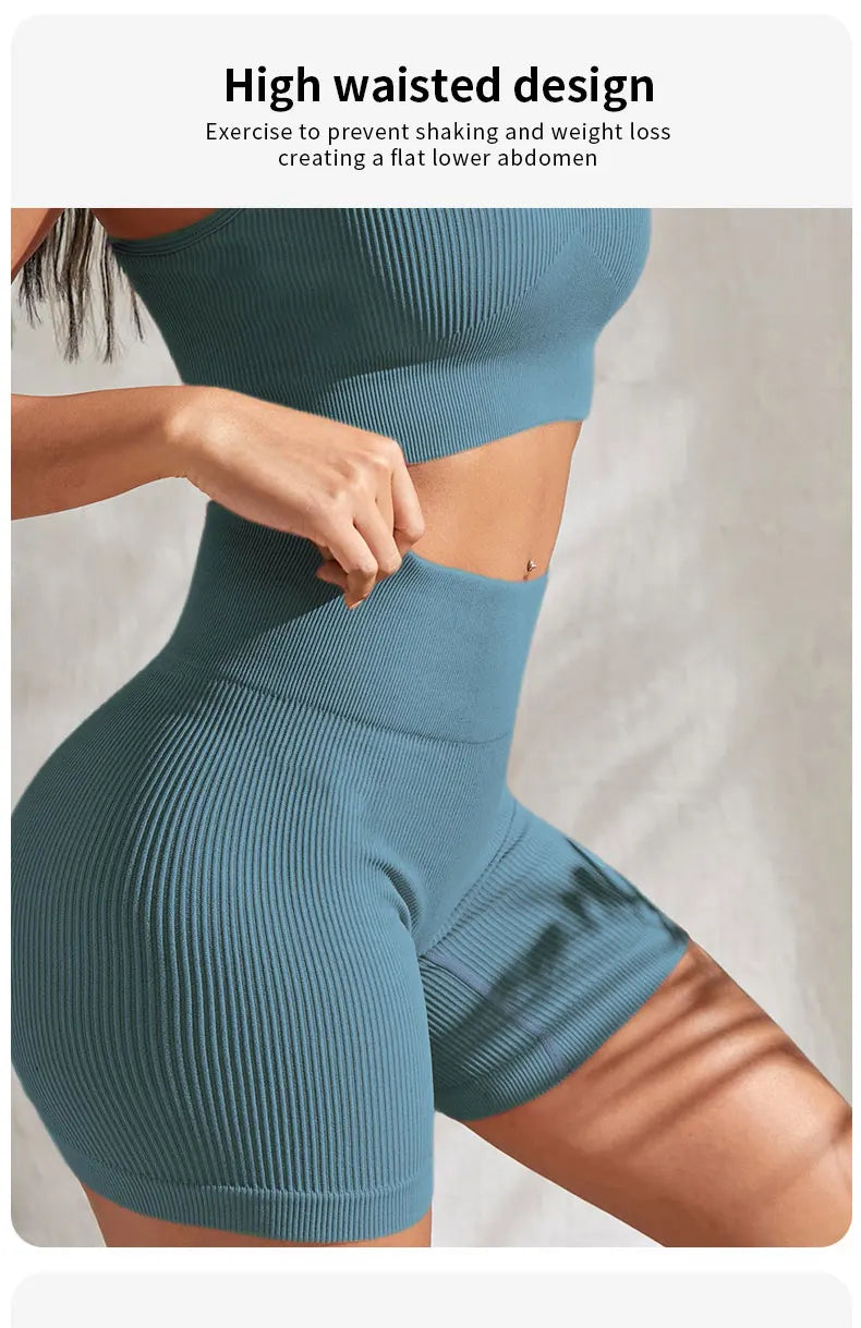 Seamless Ribbed Yoga Sets Workout Sets for Women: Crop Tank High Waist Shorts