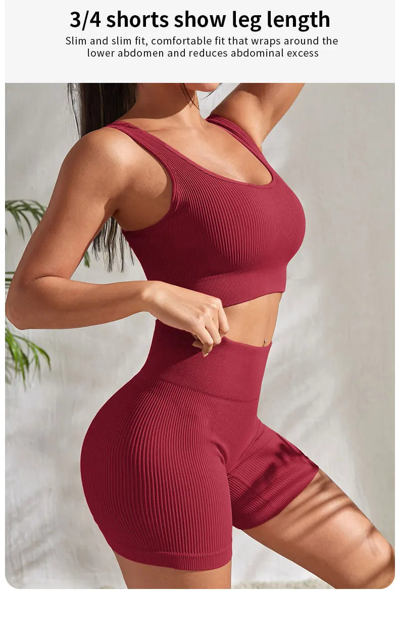 Seamless Ribbed Yoga Sets Workout Sets for Women: Crop Tank High Waist Shorts