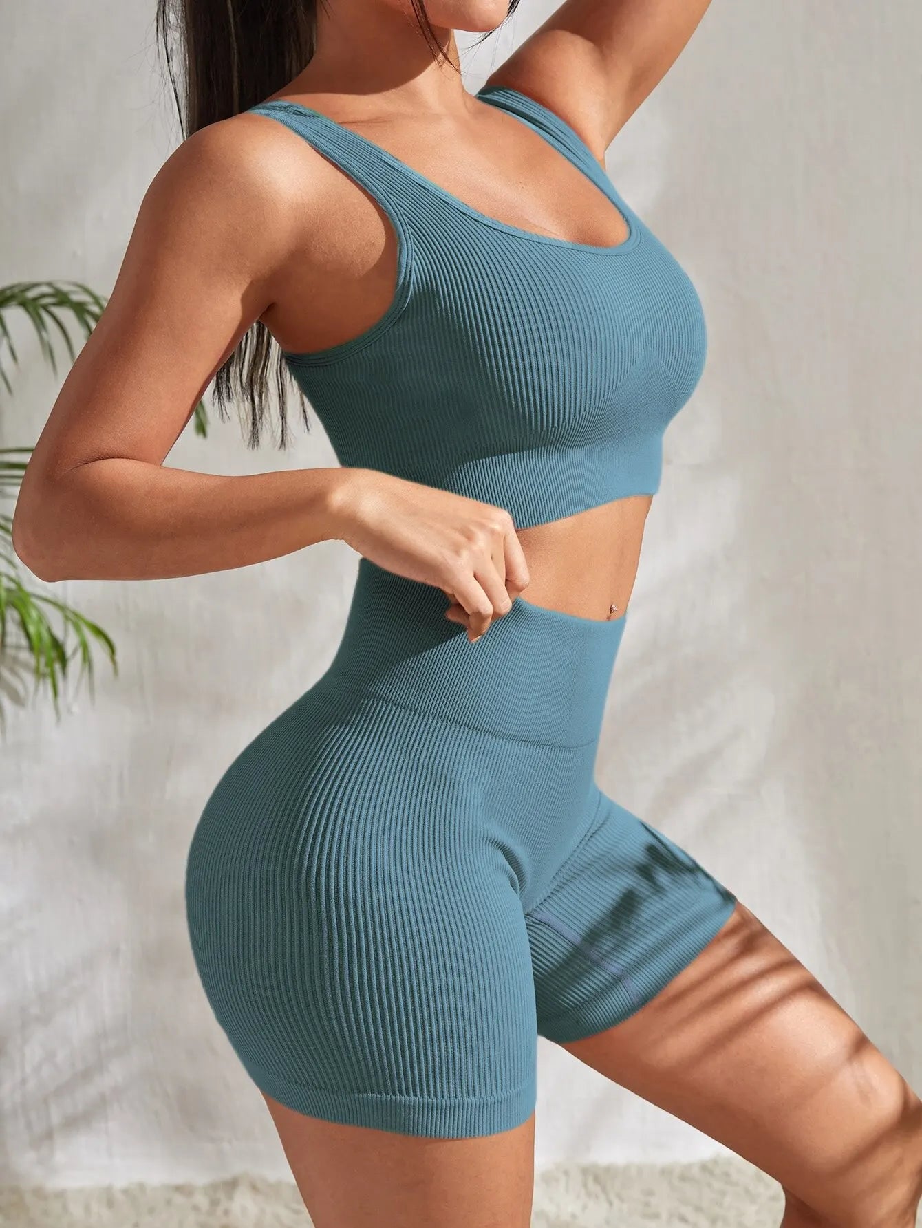 Seamless Ribbed Yoga Sets Workout Sets for Women: Crop Tank High Waist Shorts