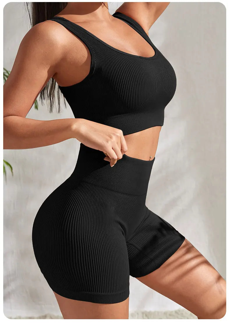 Seamless Ribbed Yoga Sets Workout Sets for Women: Crop Tank High Waist Shorts