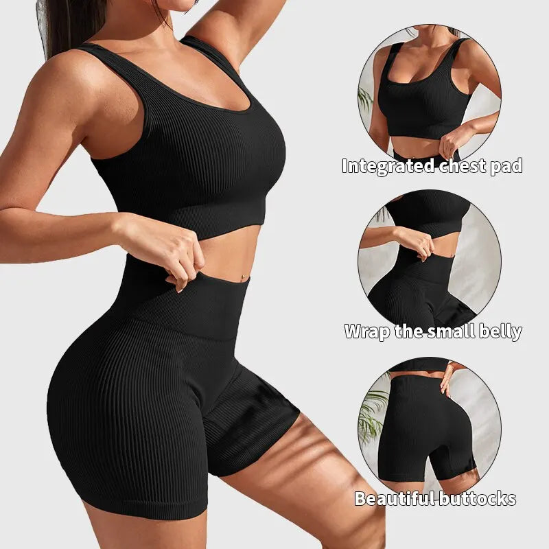 Seamless Ribbed Yoga Sets Workout Sets for Women: Crop Tank High Waist Shorts