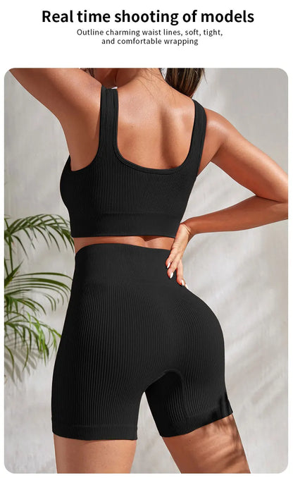 Seamless Ribbed Yoga Sets Workout Sets for Women: Crop Tank High Waist Shorts