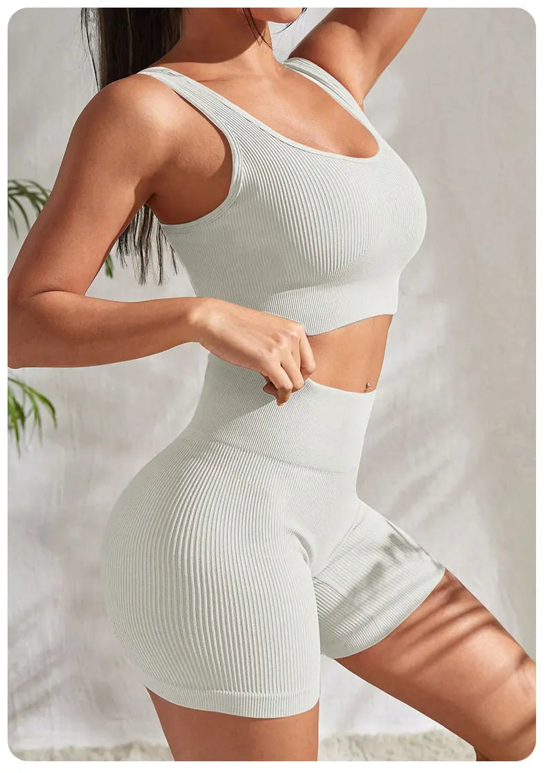 Seamless Ribbed Yoga Sets Workout Sets for Women: Crop Tank High Waist Shorts