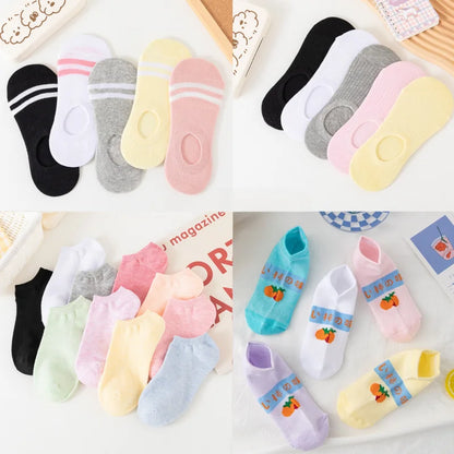 5 and 10 Pairs Women's Colored Cotton Ankle Socks Breathable Mesh Sports Boat Socks