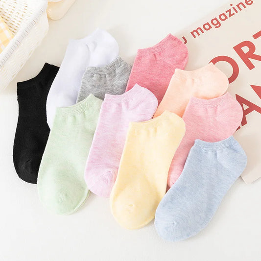 5 and 10 Pairs Women's Colored Cotton Ankle Socks Breathable Mesh Sports Boat Socks
