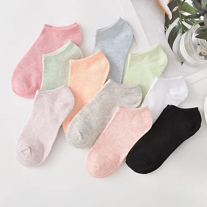 5 and 10 Pairs Women's Colored Cotton Ankle Socks Breathable Mesh Sports Boat Socks