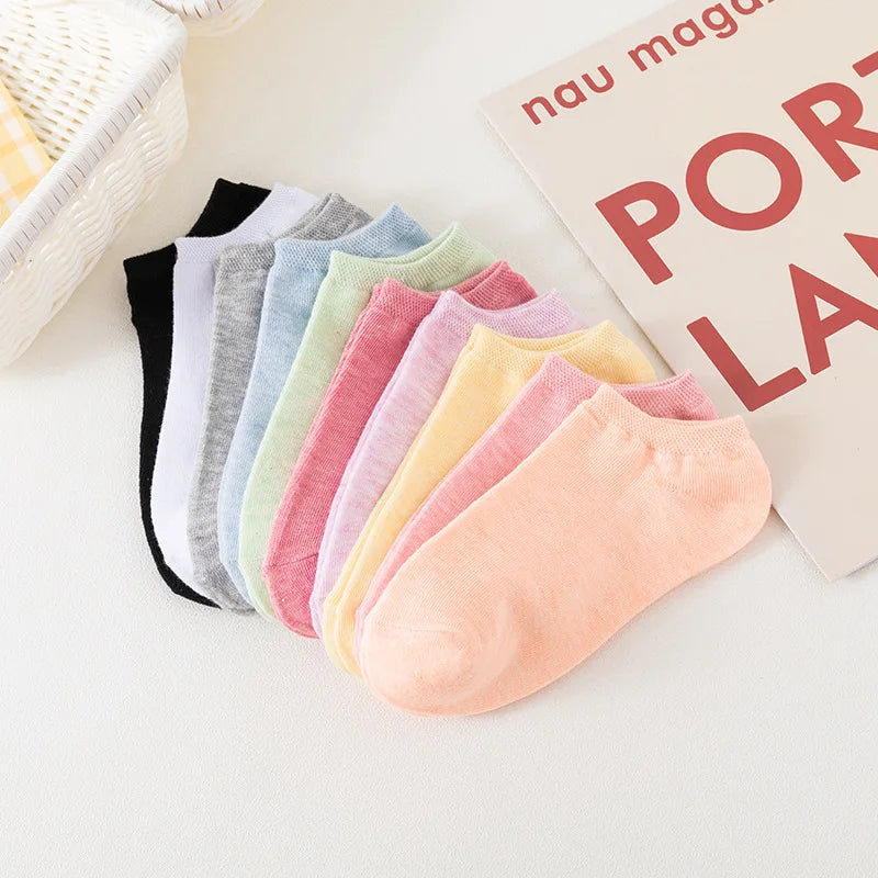 5 and 10 Pairs Women's Colored Cotton Ankle Socks Breathable Mesh Sports Boat Socks