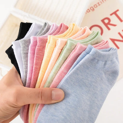 5 and 10 Pairs Women's Colored Cotton Ankle Socks Breathable Mesh Sports Boat Socks