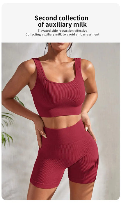 Seamless Ribbed Yoga Sets Workout Sets for Women: Crop Tank High Waist Shorts